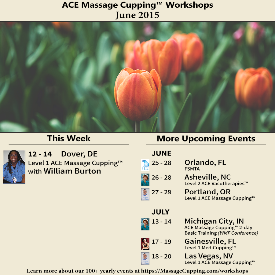 Upcoming ACE Massage Cupping Workshops: June 14 – 20